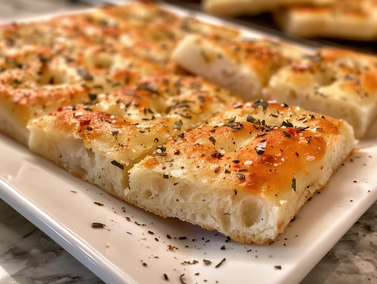 Close-up of fluffy overnight no knead focaccia bread, showcasing its airy texture and golden crust.