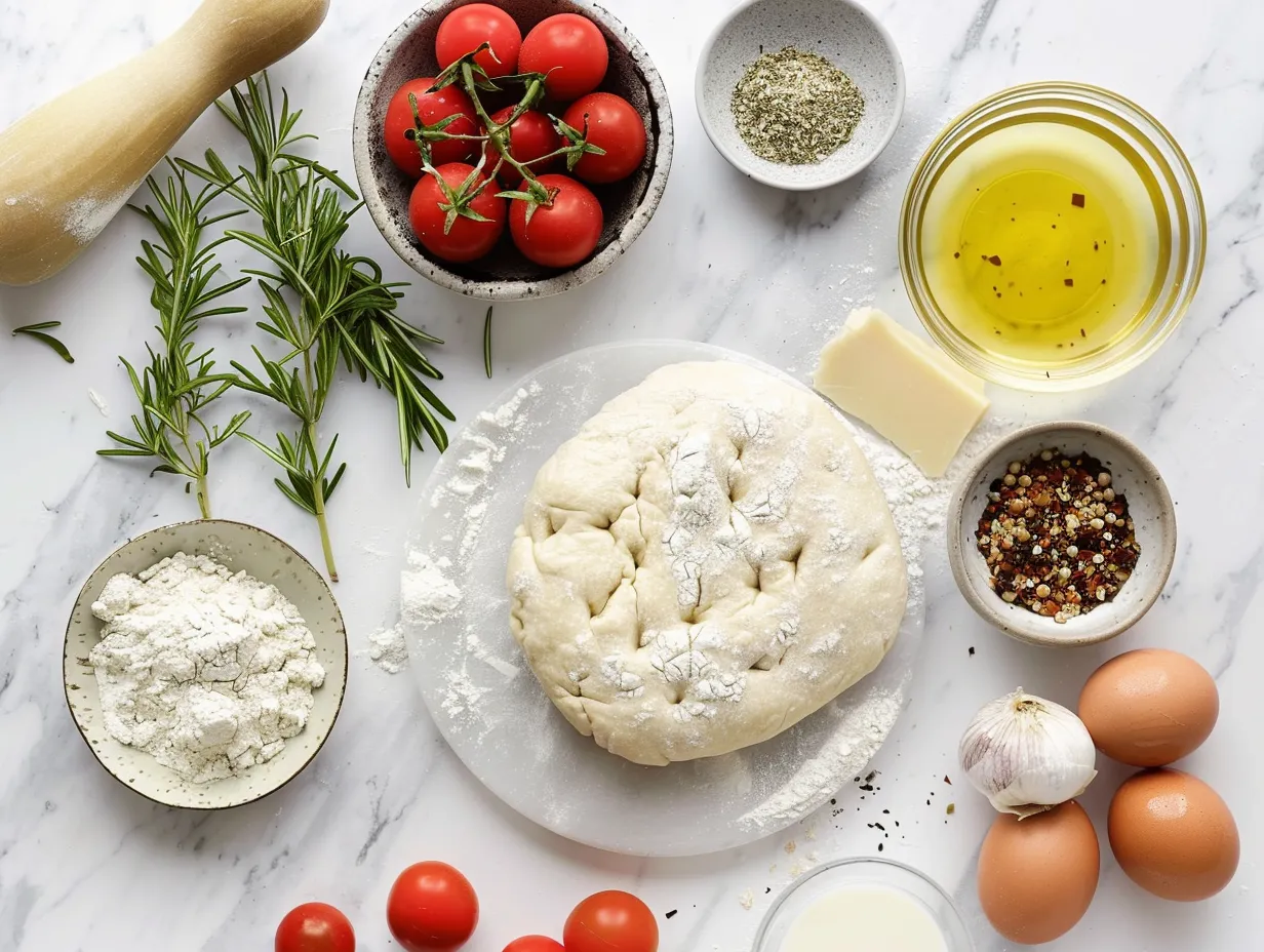 Ingredients for overnight no knead focaccia bread arranged on a marble countertop.
