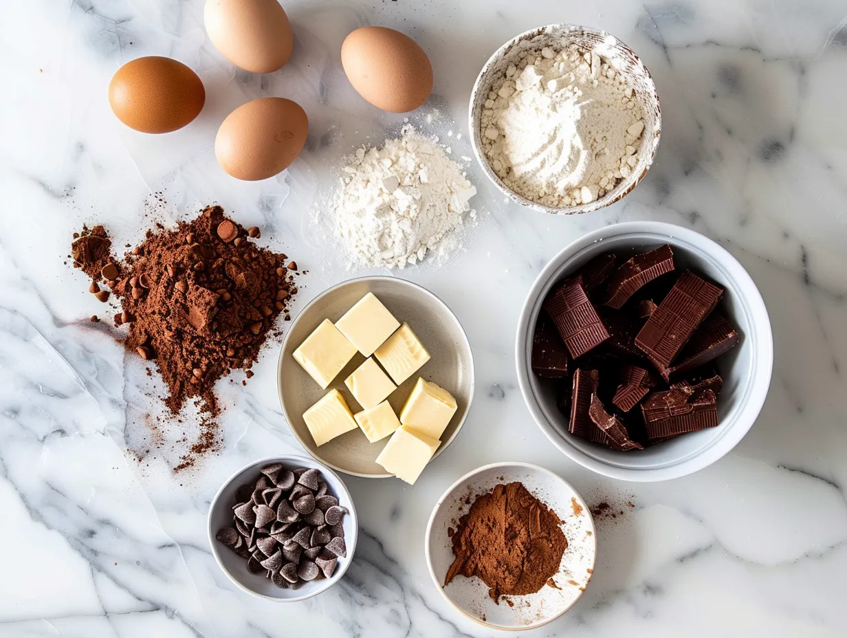 Ingredients for making French silk pie including chocolate, eggs, and whipped cream