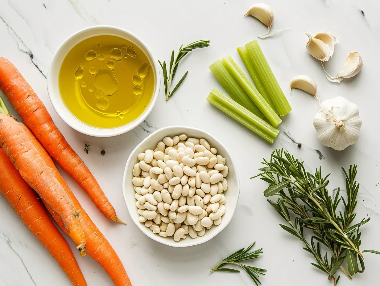 Fresh ingredients including cannellini beans, carrots, and celery for making white bean soup.