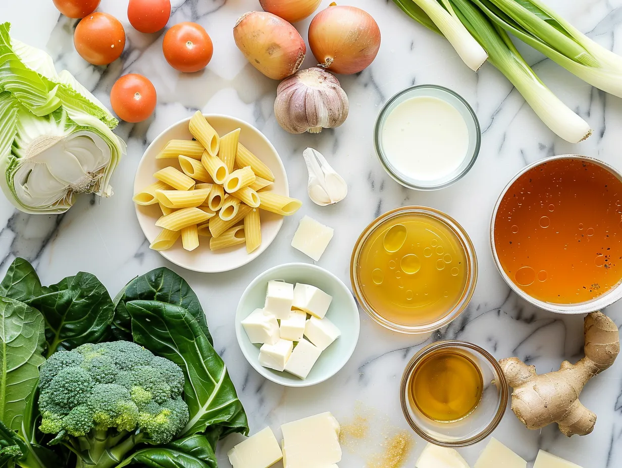 Fresh ingredients for making creamy pasta soup: pasta, diced tomatoes, garlic, onion, herbs, and cream.