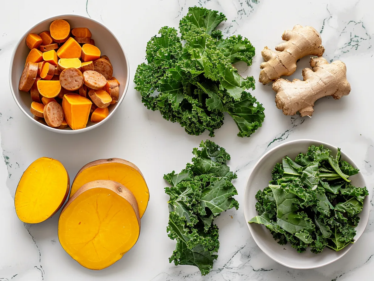 Fresh ingredients for making sausage sweet potato kale soup, including sweet potatoes, kale, sausage, and spices.