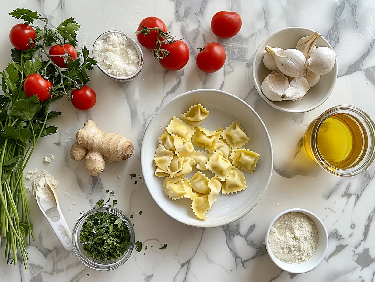 Fresh ravioli soup ingredients laid out on a wooden surface, including ravioli, tomatoes, spinach, and herbs