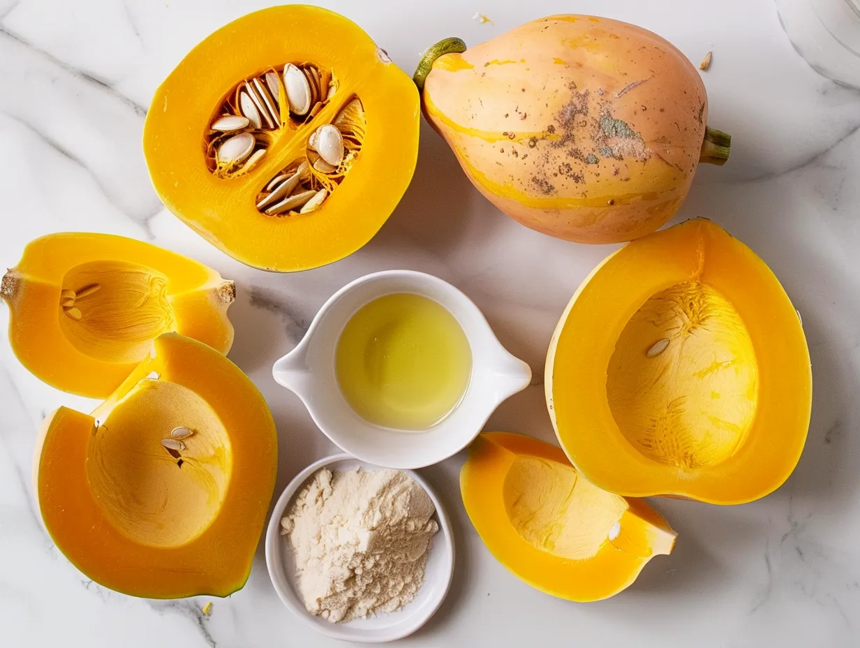 Fresh ingredients for making squash casserole including squash, onion, butter, soup, sour cream, cheese and spices.