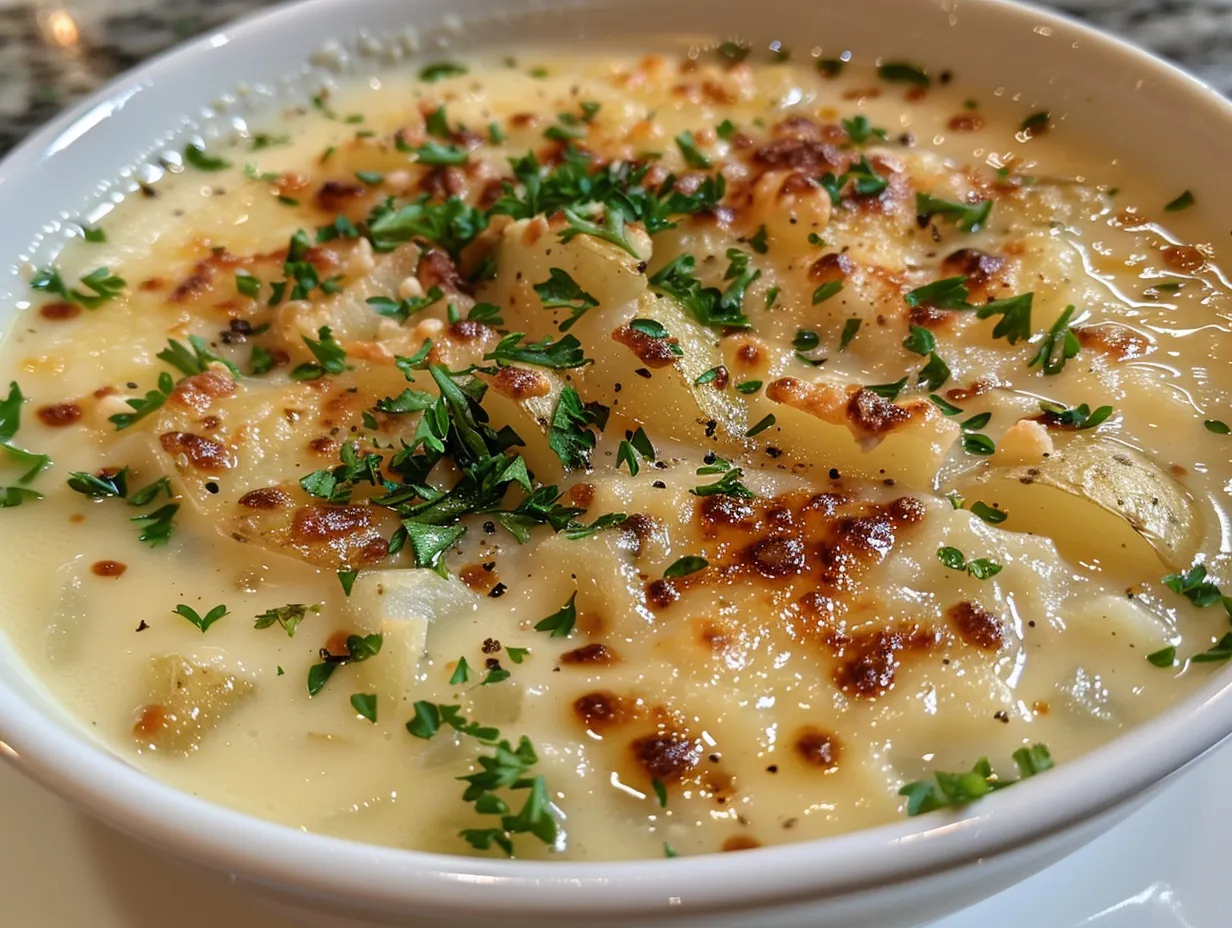 Garlic Cheddar Potato Soup Overhead Shot
