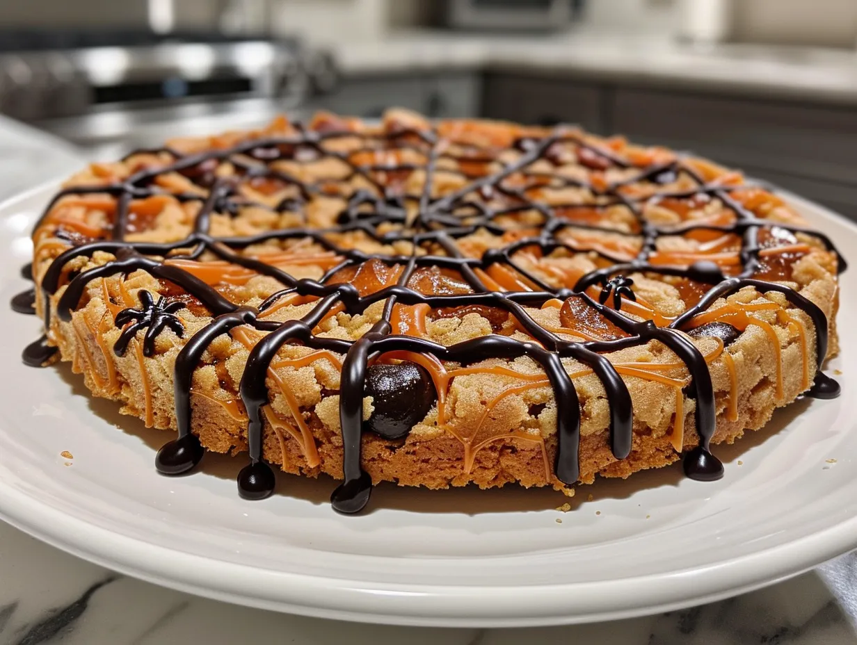 Finished Halloween Cookie Cake decorated with Halloween candies and sprinkles.