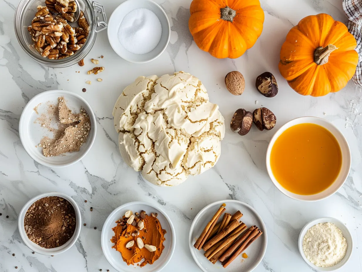 Ingredients for making a Halloween Cookie Cake, including butter, sugar, flour, eggs, vanilla extract, baking soda, salt, chocolate chips, Halloween candies and sprinkles.