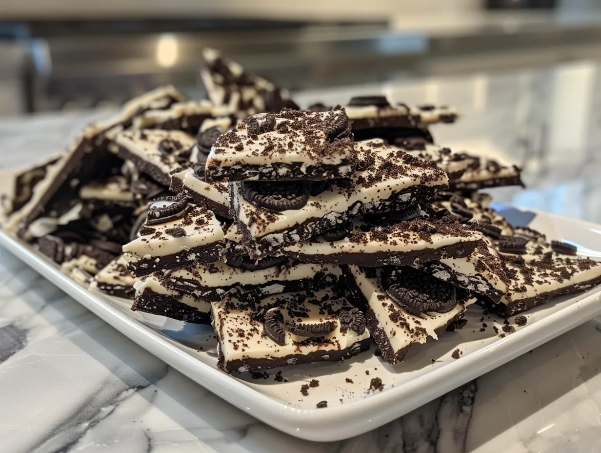 Finished Halloween Oreo Bark displayed on a platter.