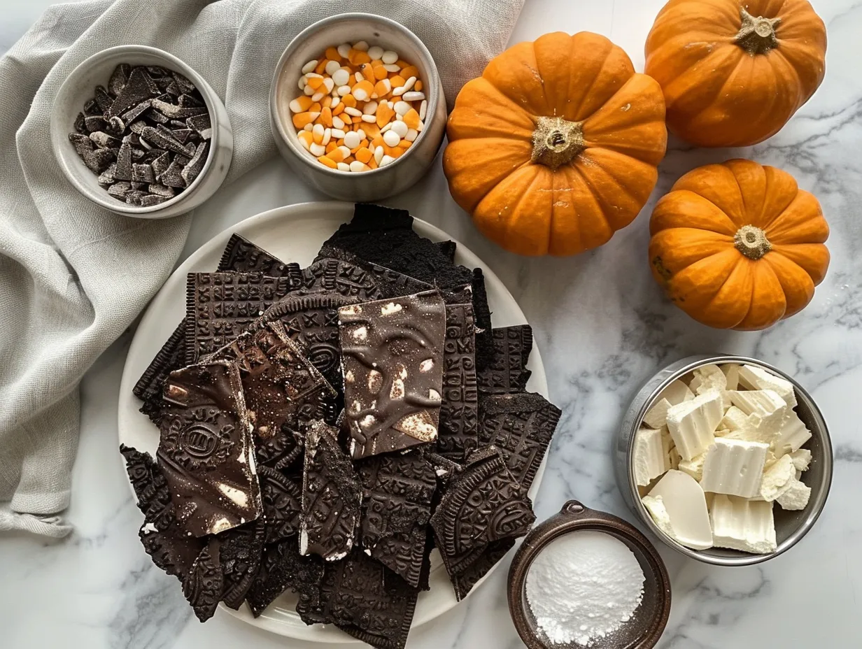 Halloween Oreo Bark ingredients: Oreos, white chocolate, sprinkles, and candies