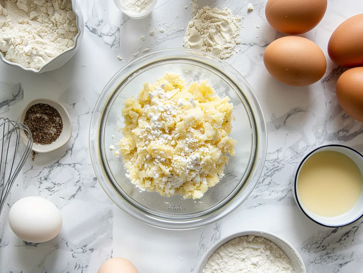 Ingredients for Hashbrown Casserole: frozen hashbrowns, cream of chicken soup, sour cream, melted butter, onion, cheddar cheese, salt, pepper, and cornflakes.