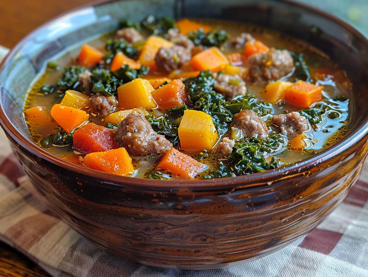 A hearty bowl of sausage sweet potato kale soup, steaming and ready to eat.