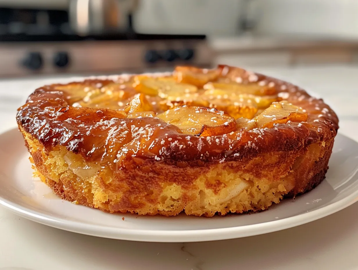 Homemade Apple Fritter Cake on a white plate, glazed and ready to eat.