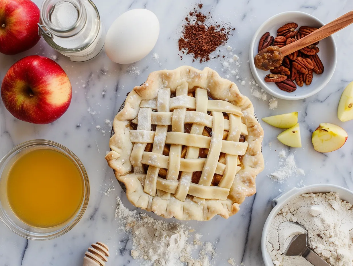 Ingredients for making apple butter pie displayed on a marble countertop