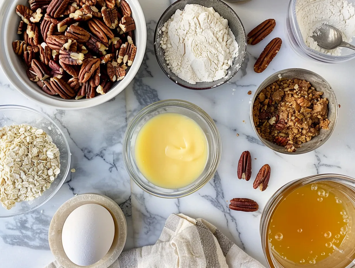 Ingredients needed to make caramel pecan pie bars