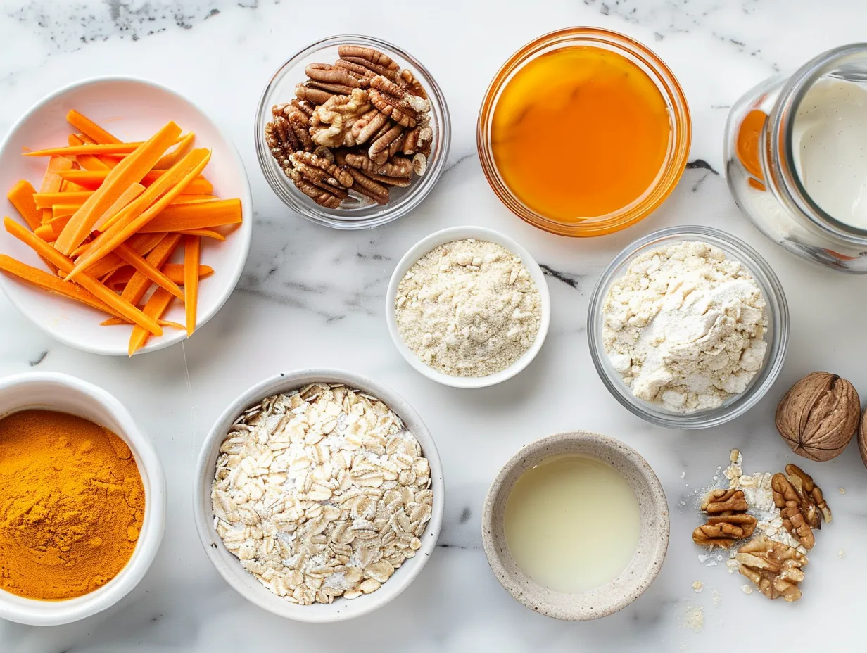 Ingredients needed to make carrot cake oatmeal cookies including flour, carrots, sugar, and spices.