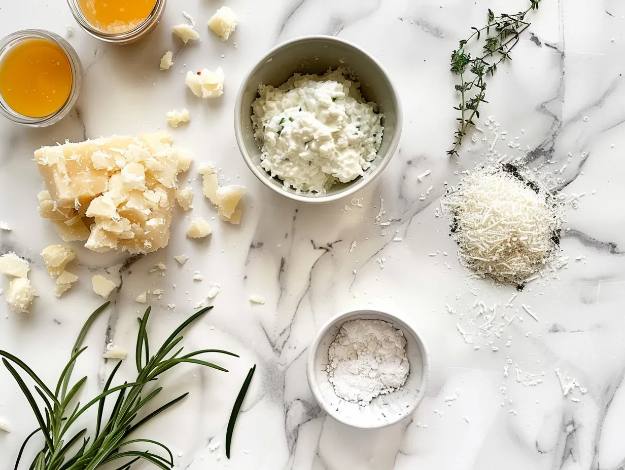 Ingredients for making a Cheddar Ranch Cheeseball: cream cheese, cheddar cheese, ranch dressing mix, sour cream, green onions, and bacon.