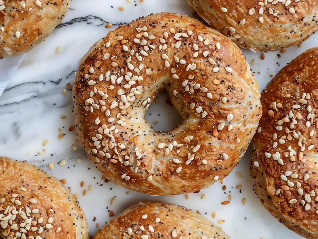 Ingredients for chewy protein bagels including flour, Greek yogurt, baking powder, salt, and everything bagel seasoning