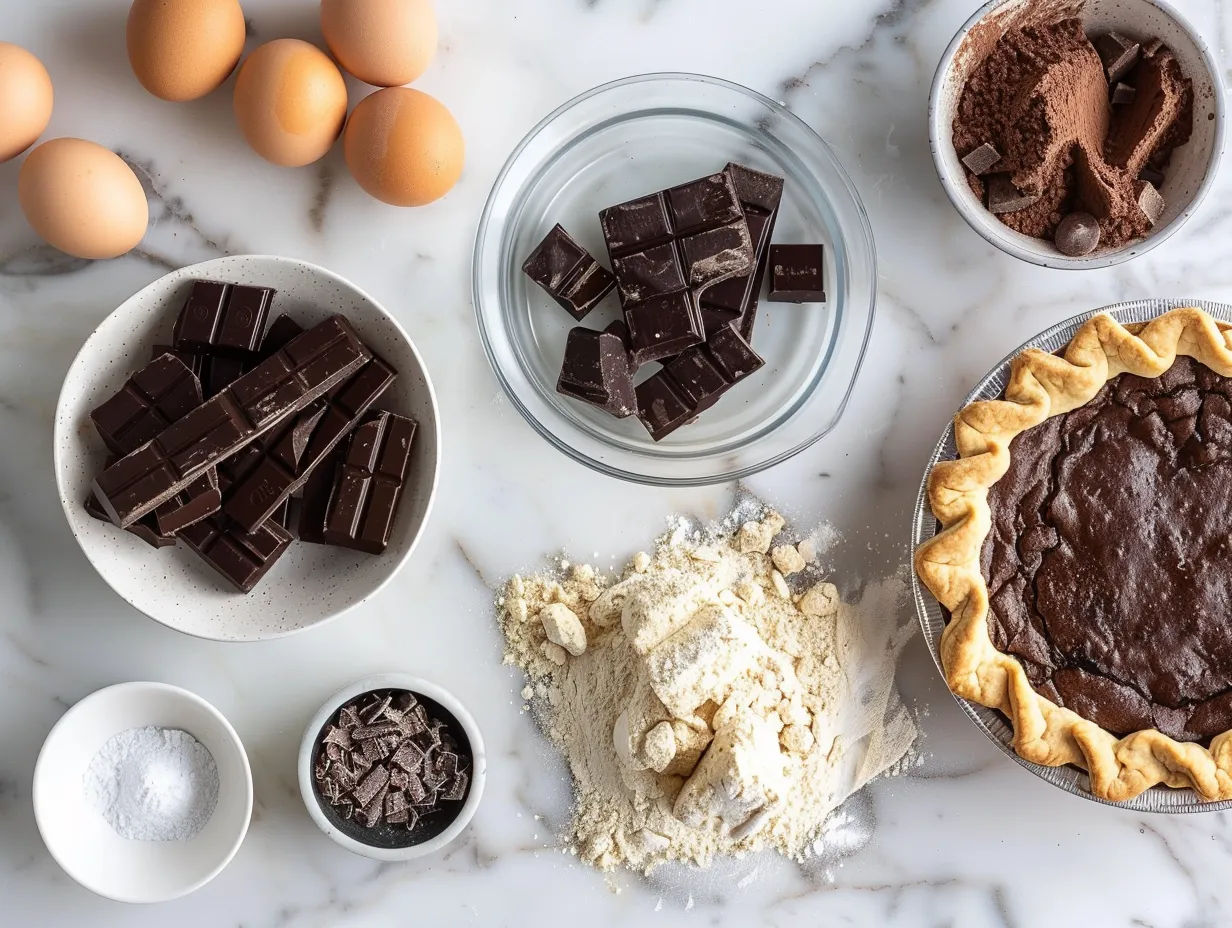 Ingredients for making Dark Chocolate Chess Pie arranged on a marble surface, including sugar, butter, cocoa powder, and chocolate.