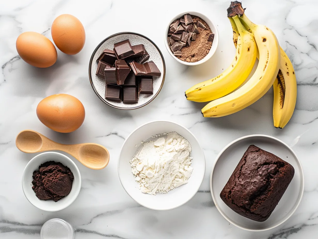 Ingredients for Double Chocolate Banana Bread laid out on a white marble surface