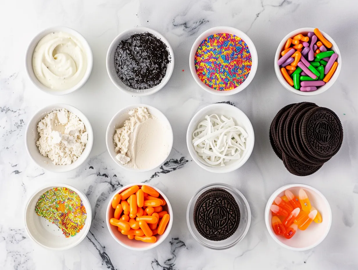 Ingredients needed to make Halloween Oreo Dirt Cake
