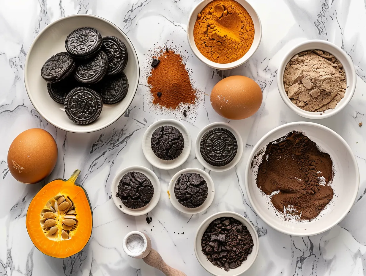Ingredients needed to make Halloween Swirl Oreo Cream Cheese Brownies.