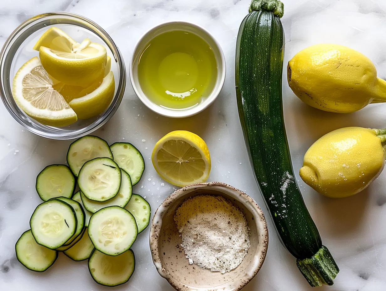 Ingredients for lemon glazed zucchini cookies, including flour, sugar, butter, zucchini, and lemons.