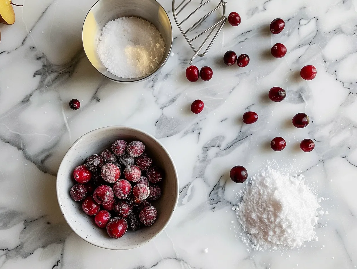 Ingredients for sugared cranberries displayed on a white marble surface