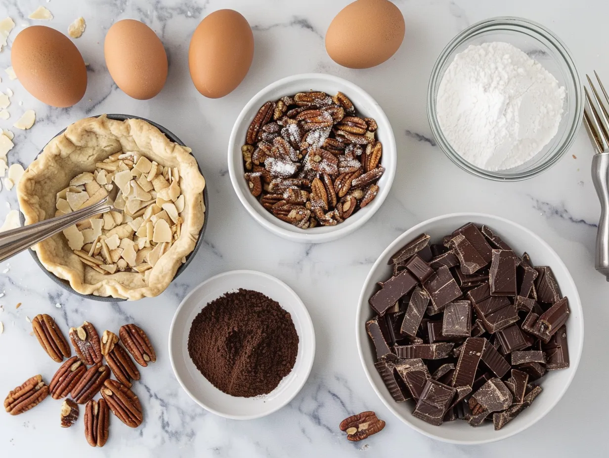 Ingredients for making Texas Chocolate Pecan Pie including pie crust, chocolate chips, pecans, butter, sugar, corn syrup, eggs, vanilla, and bourbon
