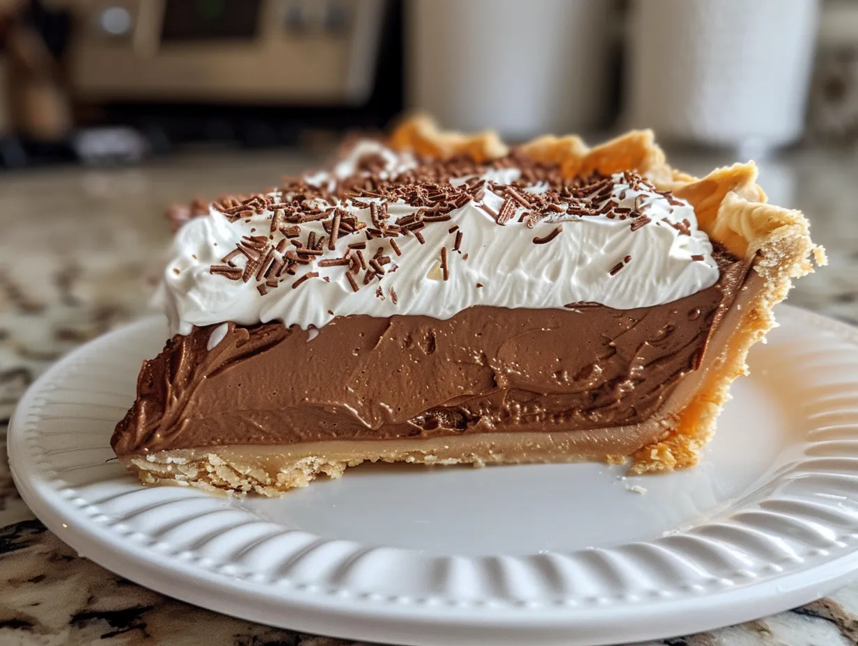Delicious French silk pie with whipped cream and chocolate shavings