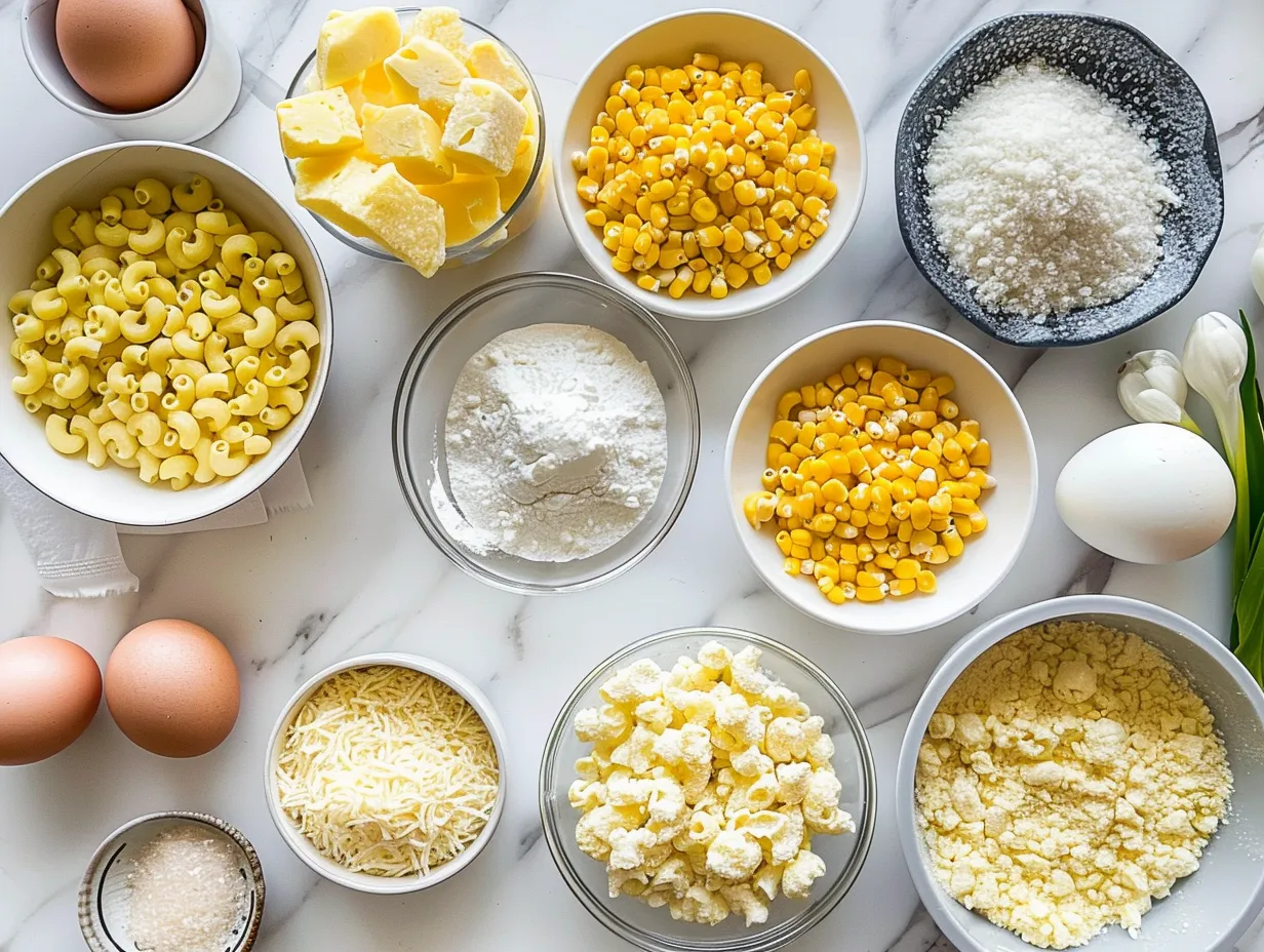 Ingredients for making Macaroni Corn Casserole, including macaroni, corn, cheese, and spices.