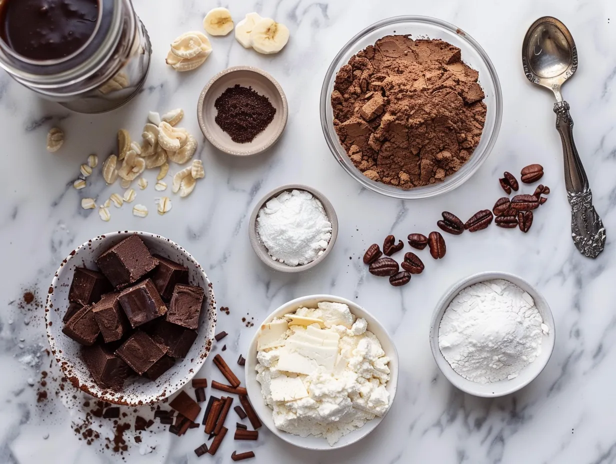 All the ingredients to make a delicious Mississippi Mud Pie arranged on a kitchen counter.