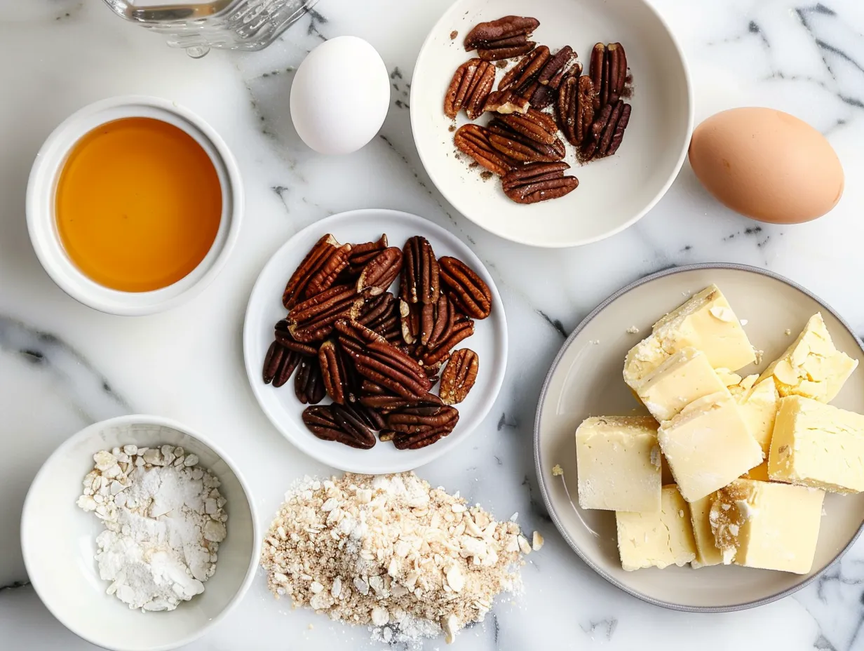 Ingredients for Pecan Pie Bars arranged on a wooden table.