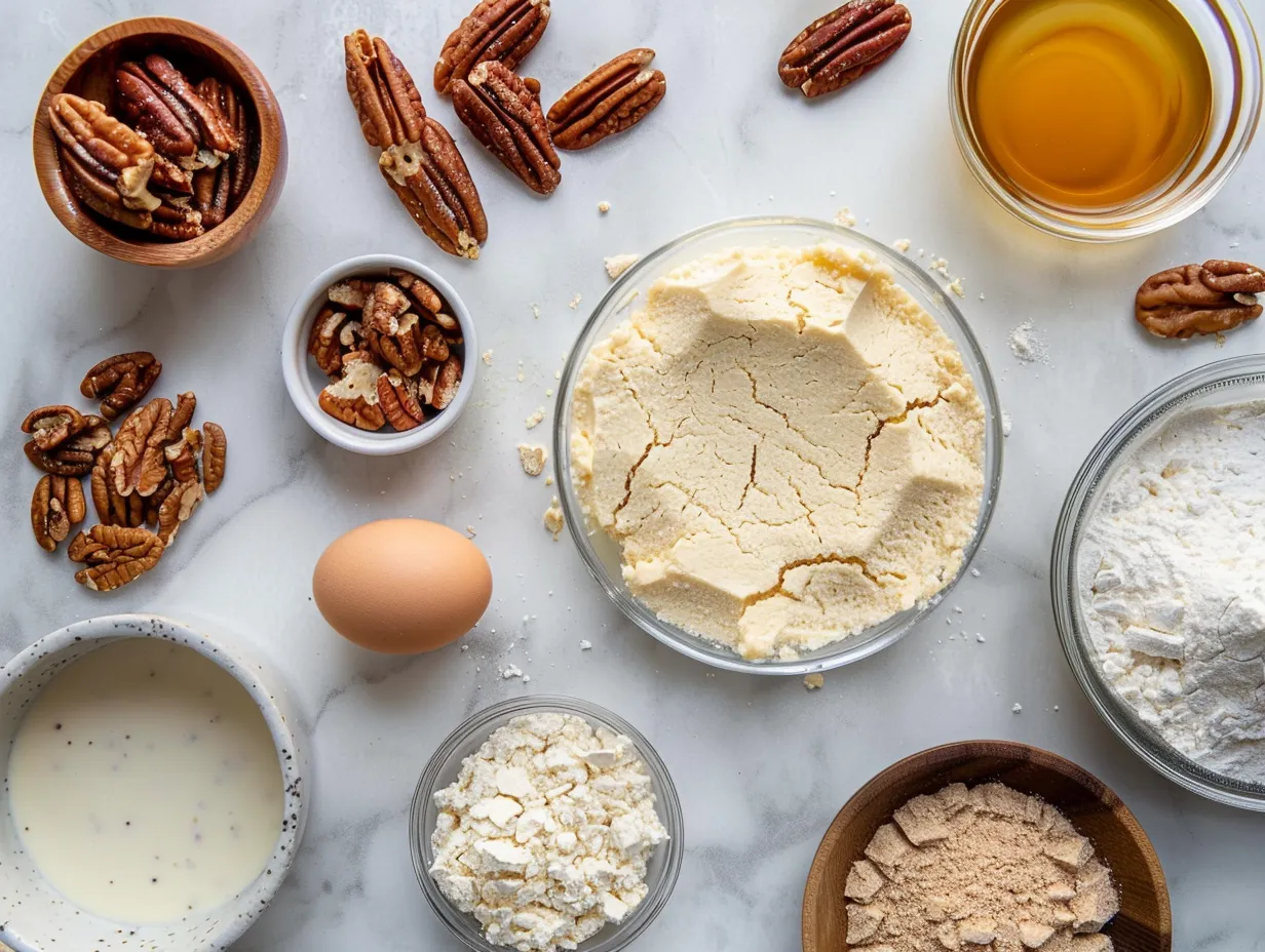 Ingredients for pecan pie cheesecake including graham crackers, butter, cream cheese, pecans, and sugar.