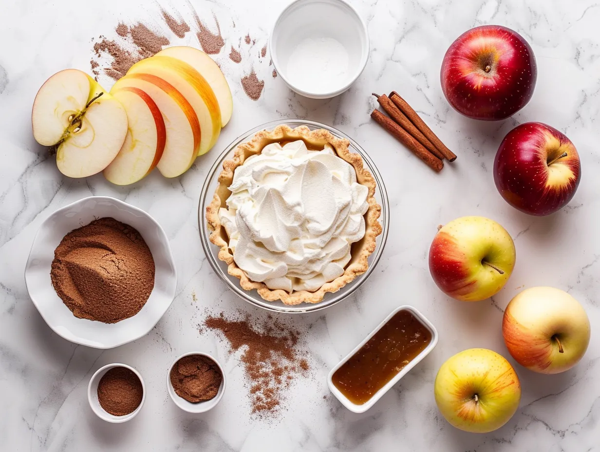 The raw ingredients needed to make apple butter pie and cinnamon whipped cream, including apple butter, spices, eggs, pie crusts, and cream.