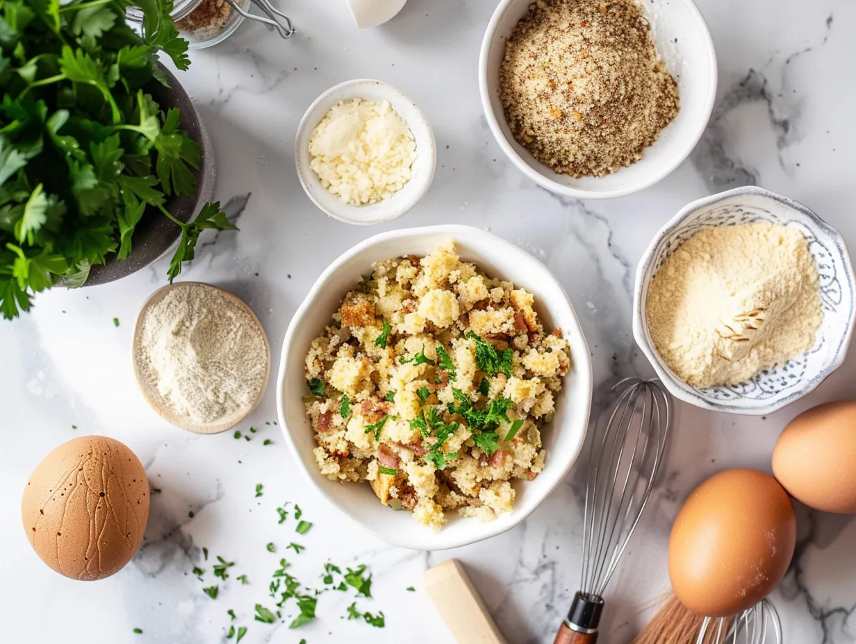 A selection of raw ingredients including bacon, cornbread, and vegetables laid out for preparing Bacon Cornbread Stuffing