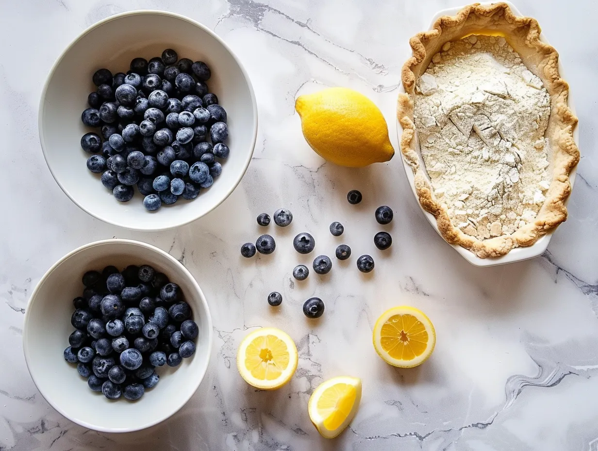 Raw ingredients for blueberry pie, including blueberries, sugar, flour, lemon, butter, pie crusts, and an egg.