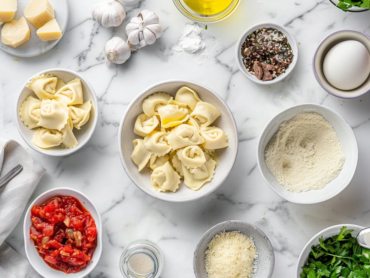 Ingredients for Cheesesteak Tortellini with Provolone Sauce: tortellini, steak, onion, green pepper, provolone cheese, heavy cream, beef broth, and seasonings.