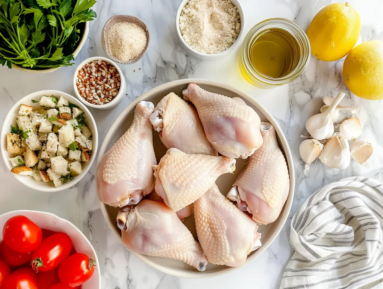 A variety of raw ingredients including chicken, stuffing mix, cream of chicken soup, and vegetables, ready to be combined for a comforting Crockpot Chicken and Stuffing meal.