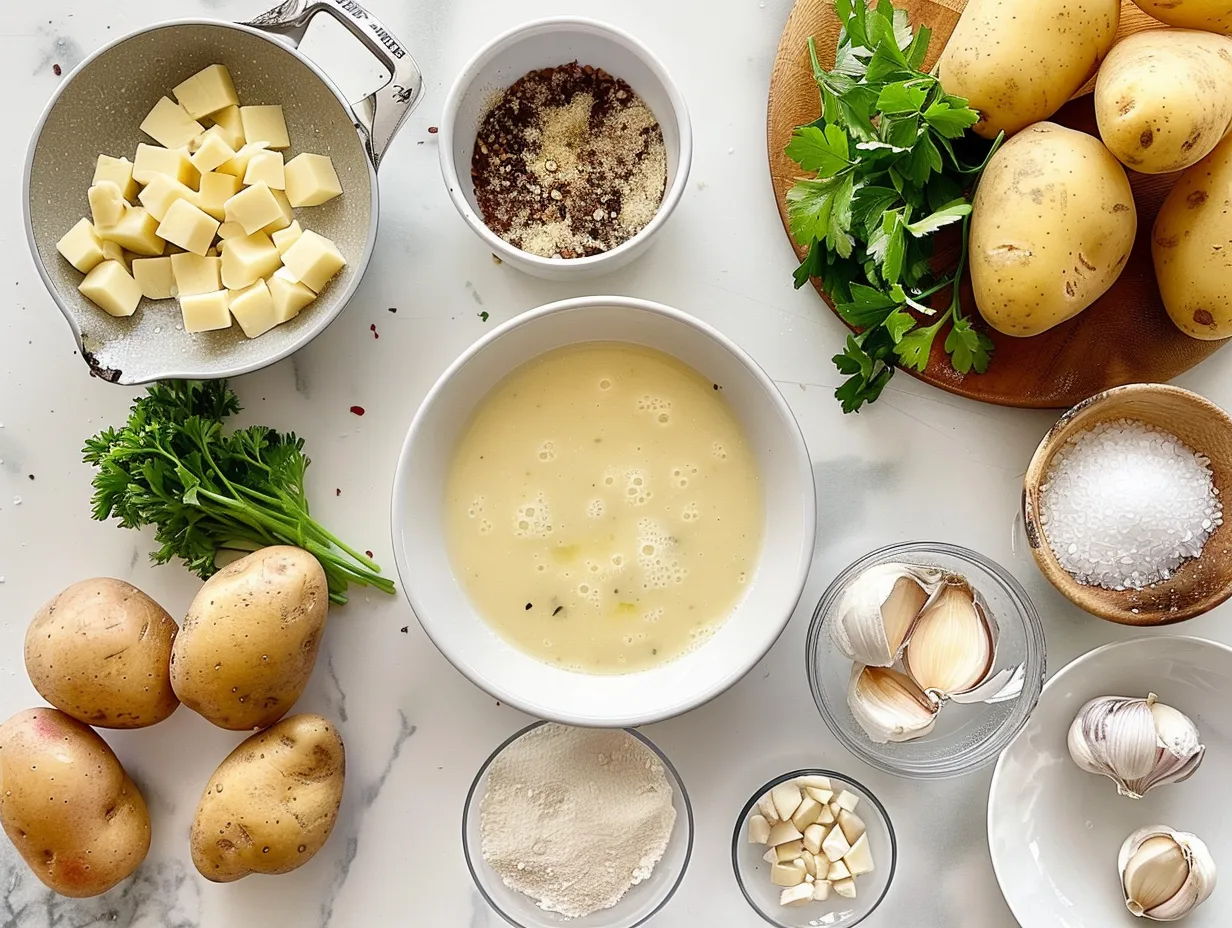 Raw ingredients for garlic cheddar potato soup including potatoes, onions, garlic, cheese, and spices.