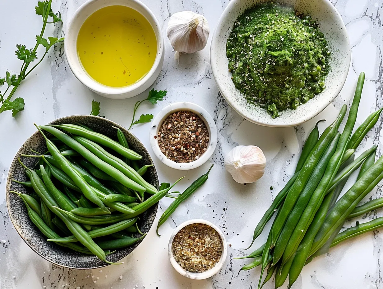 Raw ingredients for Green Bean Casserole, including green beans, cream of mushroom soup, milk, pepper, and French fried onions.