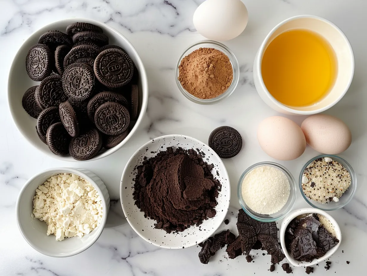 Raw ingredients for making Halloween Oreo Brownie Bars, including brownie mix, eggs, oil, Halloween Oreos, and sprinkles