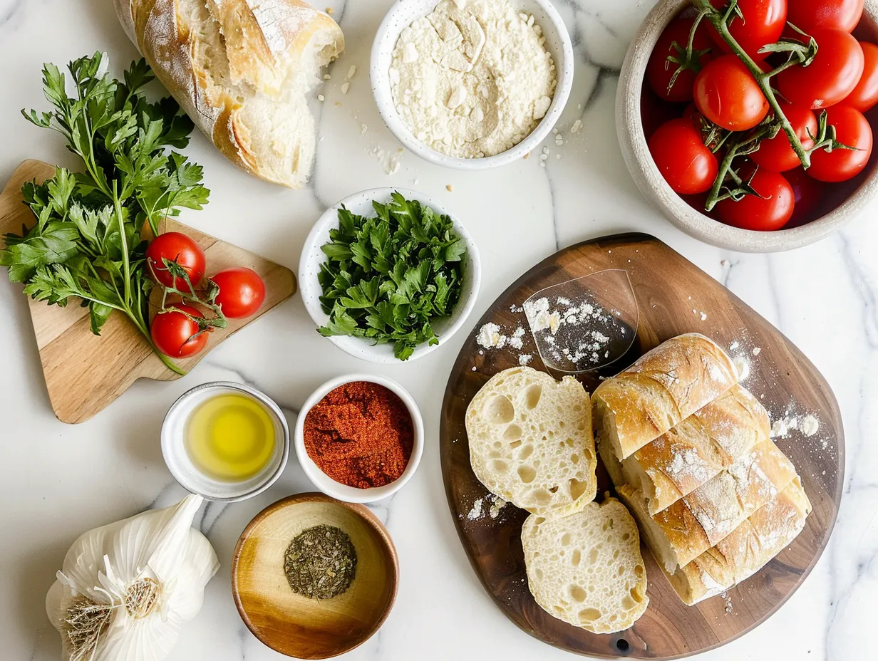Raw ingredients needed to make no-knead panini bread, including flour, salt, yeast, warm water, and olive oil.