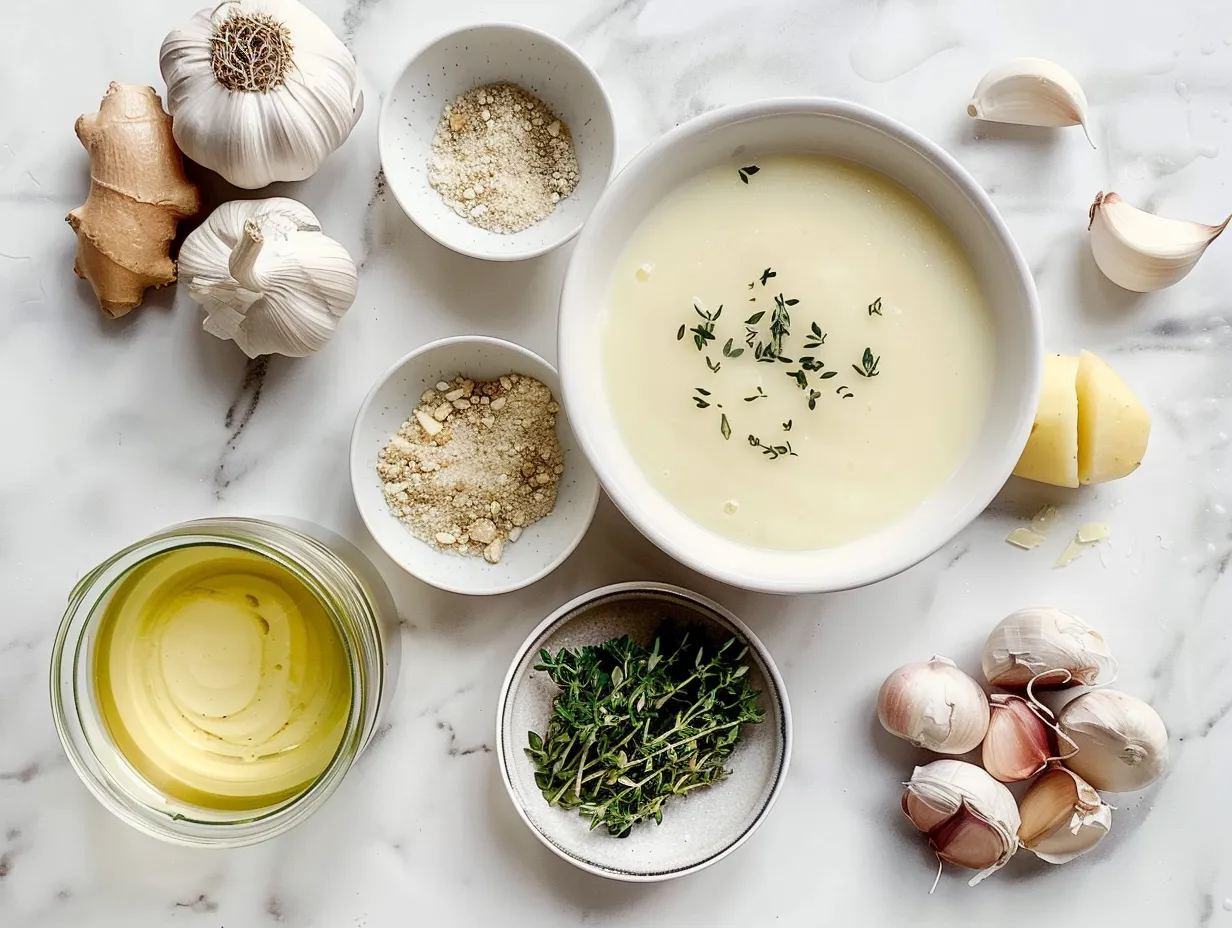 Raw ingredients for making roasted garlic potato soup including potatoes, garlic, onion, broth, and spices
