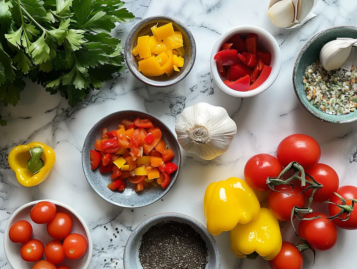 A variety of fresh raw vegetables ready to be used for making roasted vegetable soup