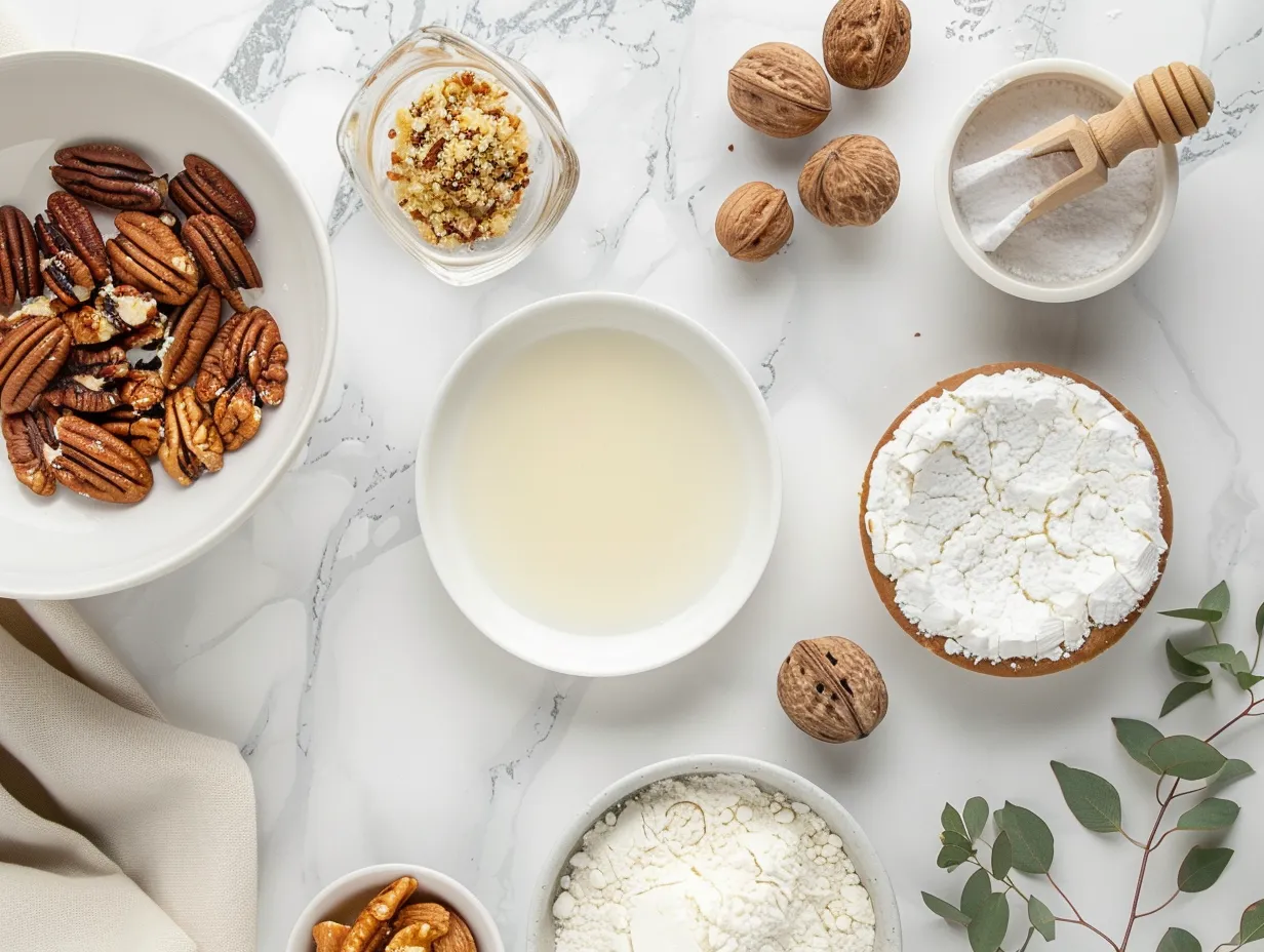Raw ingredients needed for salted maple pecan pie bars recipe.