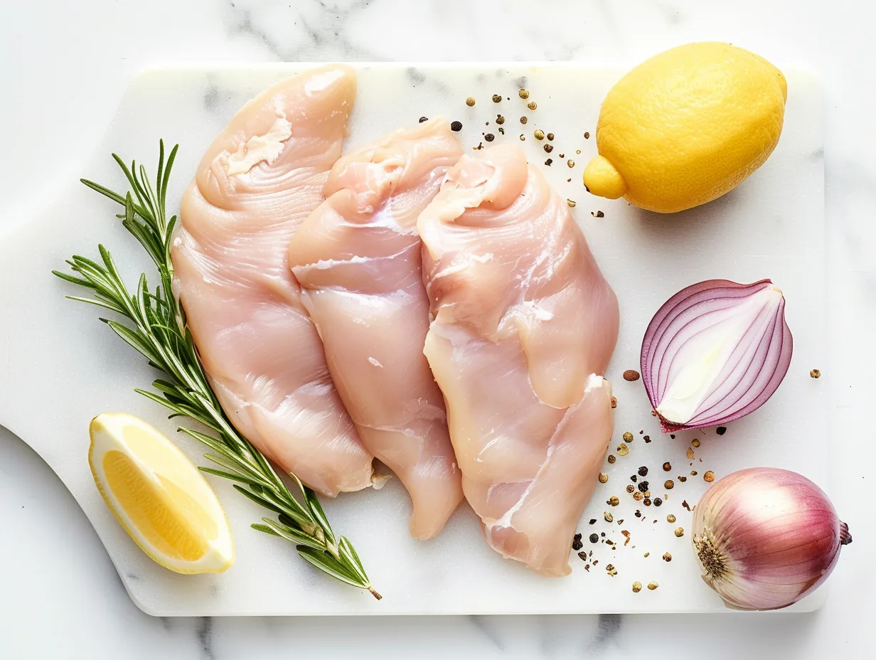 Ingredients for Sour Cream and Onion Chicken laid out on a wooden surface: chicken breasts, dry onion soup mix, sour cream, milk, olive oil, salt, and pepper.