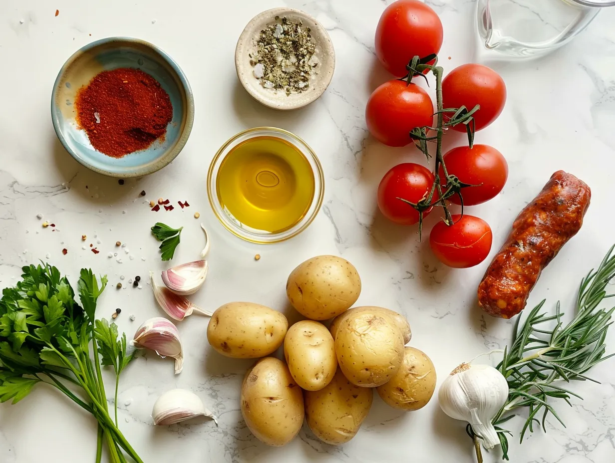 Ingredients for making Spanish Potato Soup with Chorizo including potatoes, chorizo, tomatoes, and spices.