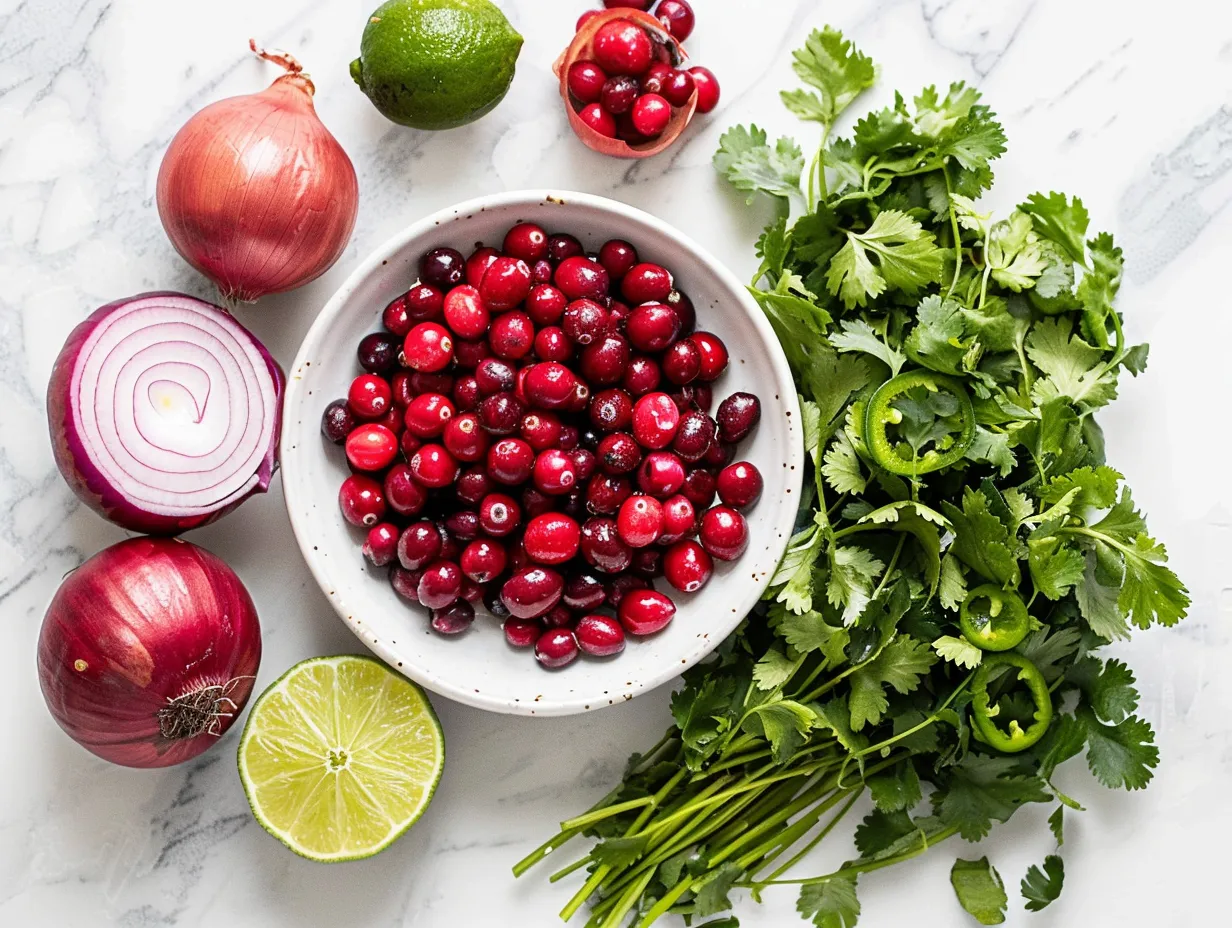 Raw ingredients for making spicy cranberry salsa on a wooden cutting board