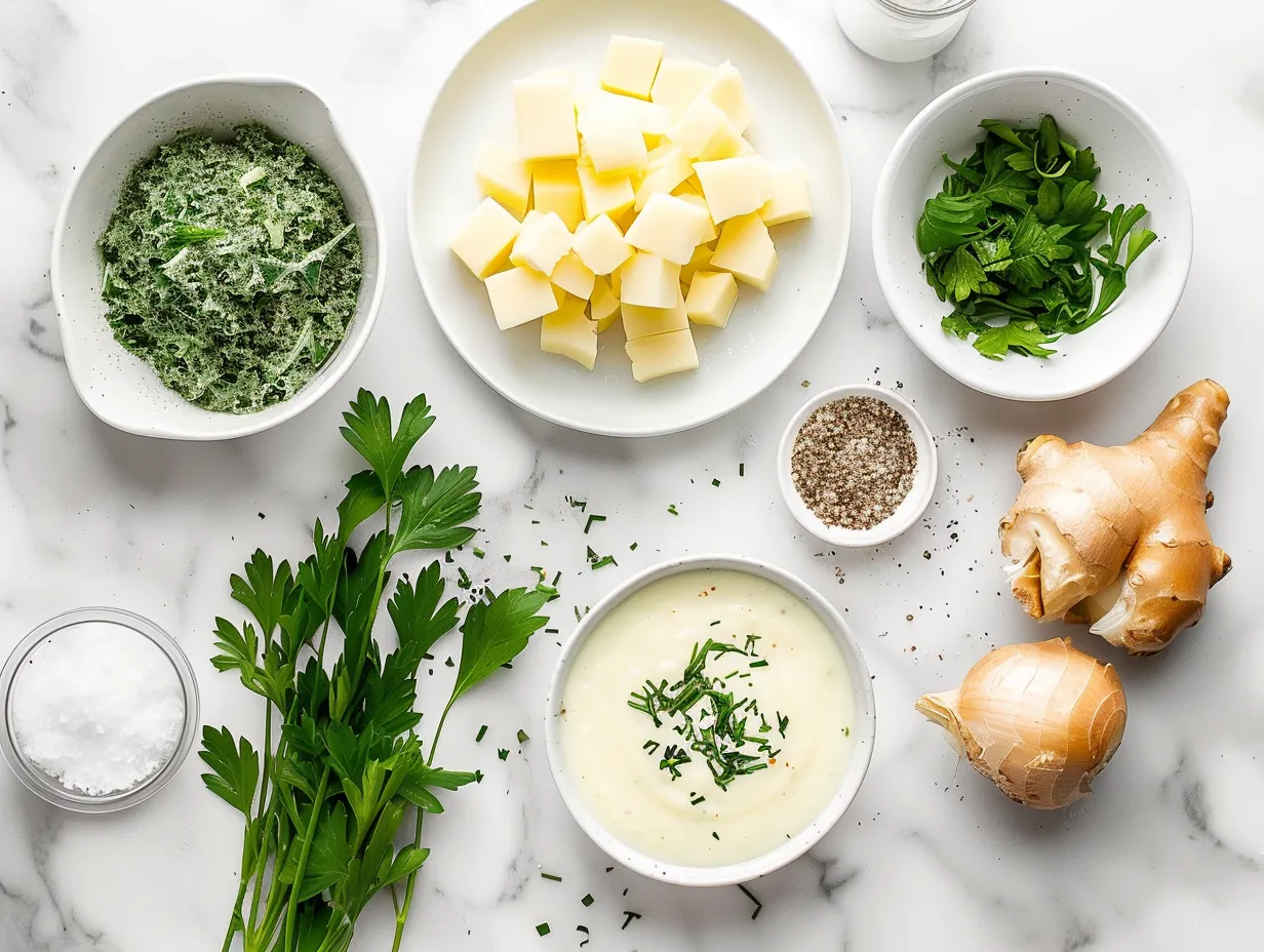 Ingredients for Creamy Reuben Soup: olive oil, onion, garlic, beef broth, sauerkraut, corned beef, heavy cream, Thousand Island dressing, flour, salt, pepper, and rye bread croutons