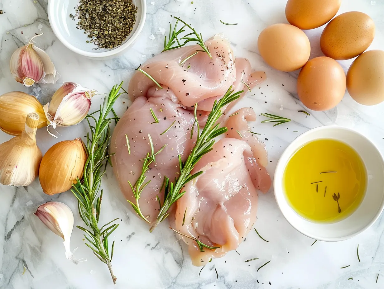 Ingredients for Rosemary Dijon Chicken, including chicken breasts, Dijon mustard, rosemary, and garlic.